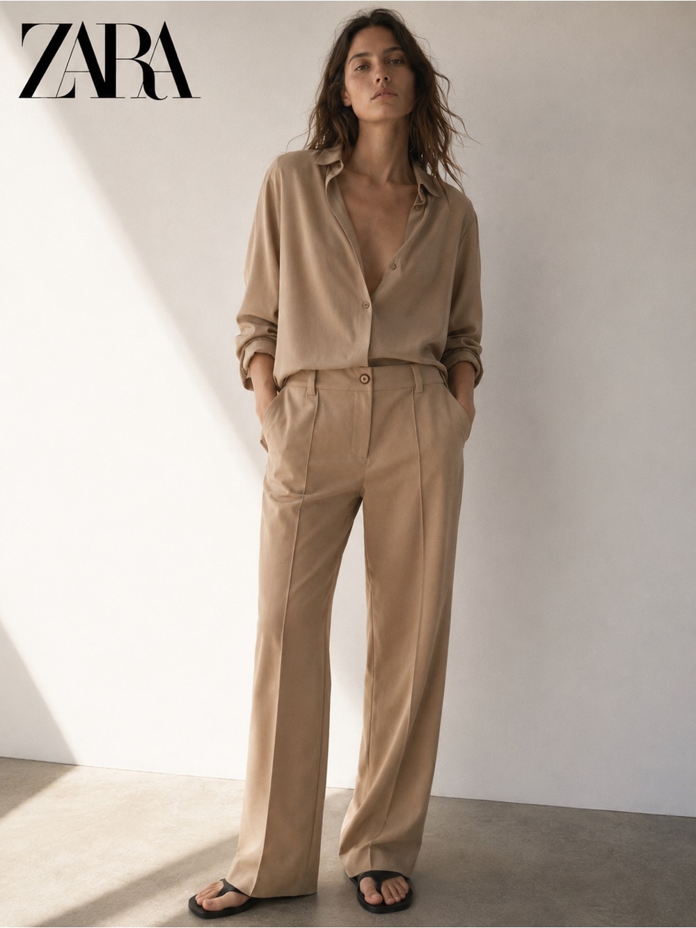 NWT ZARA Wide-Leg Trousers in Light Beige